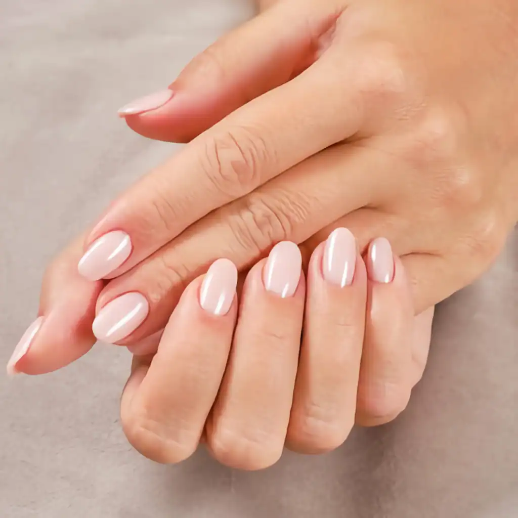 Hands with nude pink manicured nails