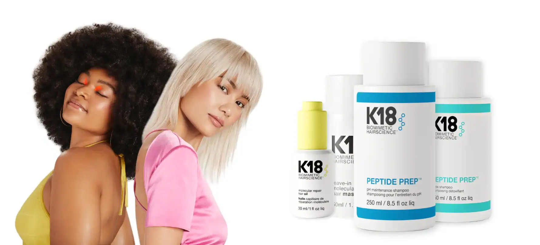 K18 haircare products with models showcasing healthy hair