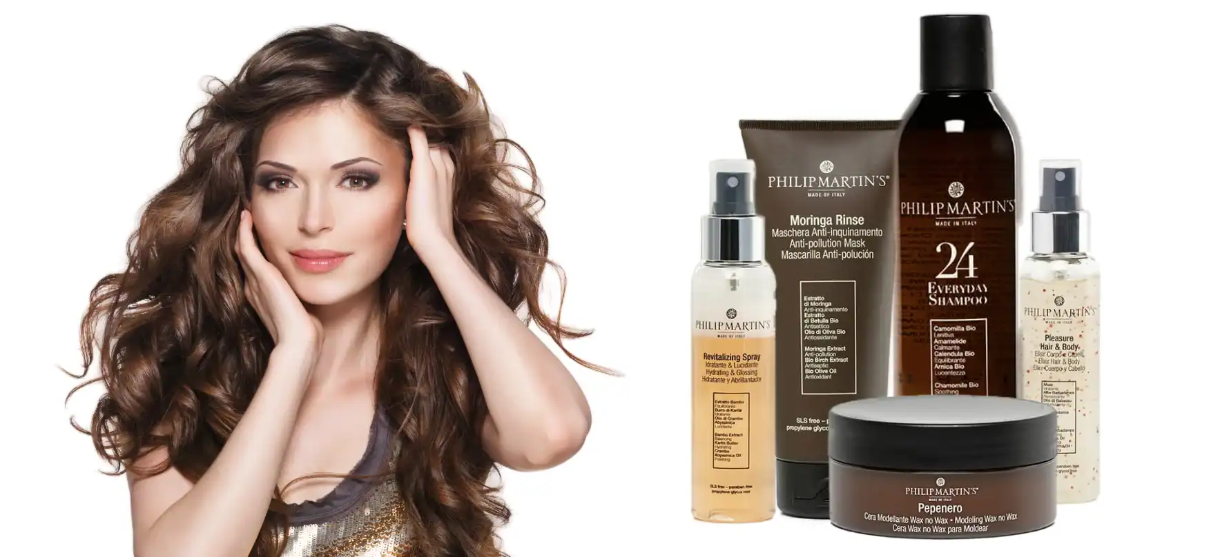 Woman with healthy hair and Philip Martin’s products